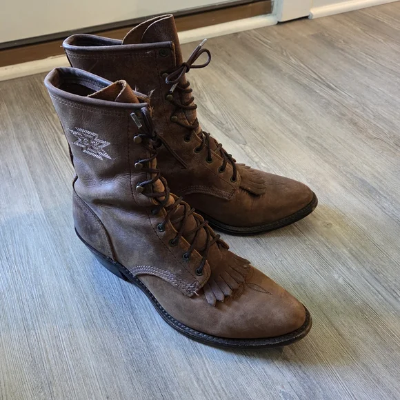 Cool Brown Leather Stylish Women's Boots Size 9 1/2 Distressed Cowboy Fringe - Picture 3 of 12